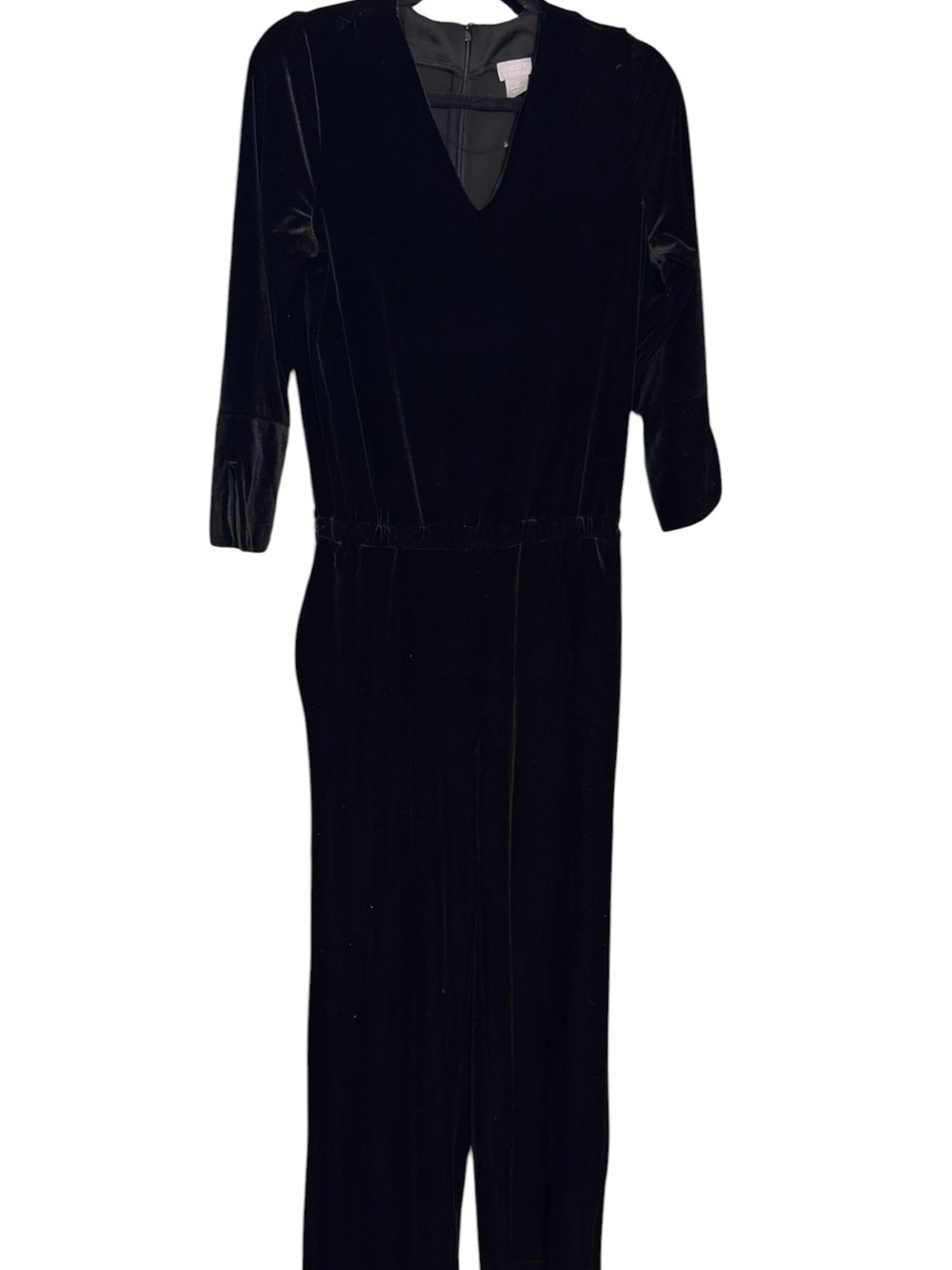 Chicos Black Velvet V-Neck Jumpsuit with Pockets 3/4 Sleeve Sz 0 (4-6)